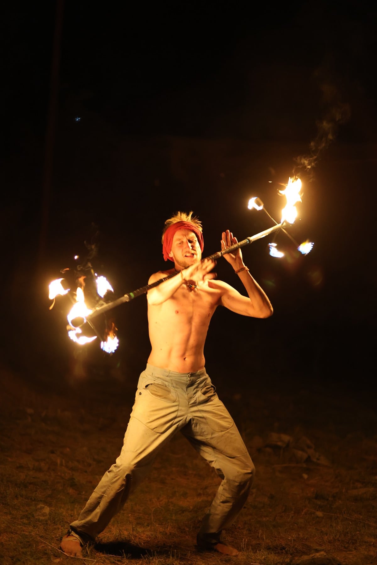 Fire spinning at night